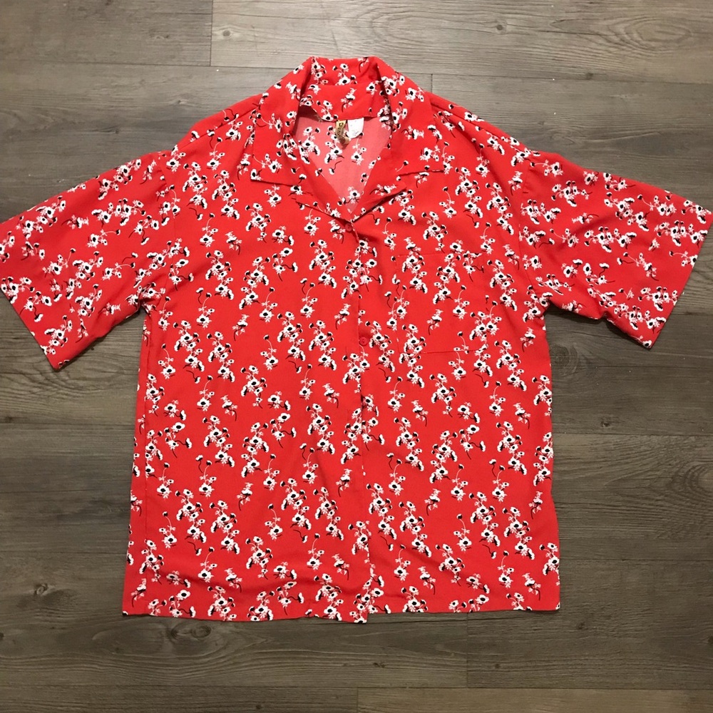 Red Flora Print Hawaiian Style Button up Shirt